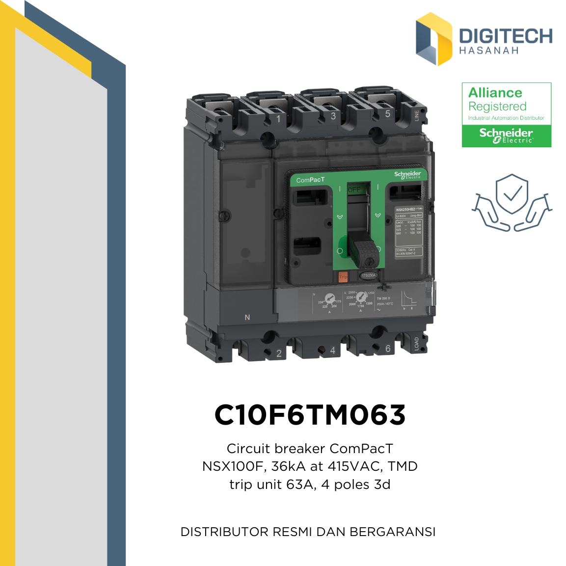 C10F6TM063  Circuit breaker ComPacT NSX100F, 36kA at 415VAC, TMD trip unit 63A, 4 poles 3d