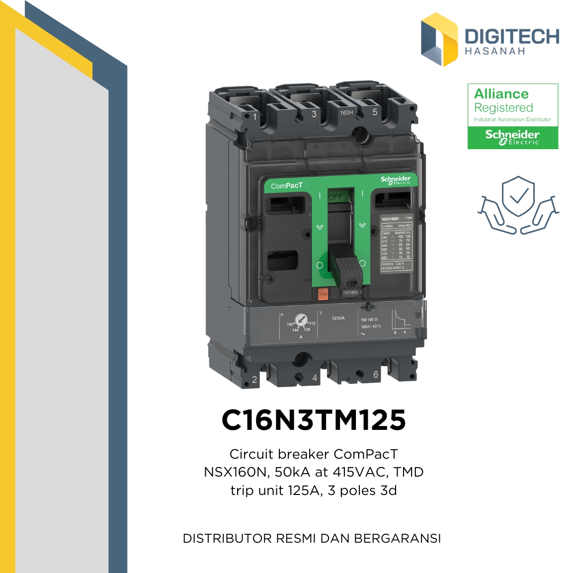 C16N3TM125 Circuit breaker ComPacT NSX160N, 50kA at 415VAC, TMD trip unit 125A, 3 poles 3d