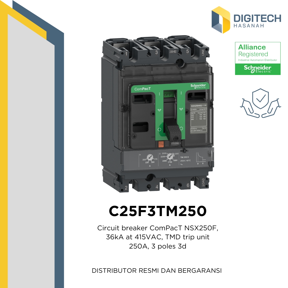 C25F3TM250 Circuit breaker ComPacT NSX250F, 36kA at 415VAC, TMD trip unit 250A, 3 poles 3d