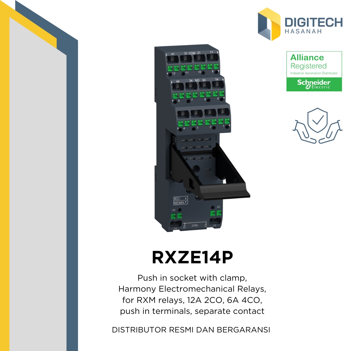 RXZE14P Push in socket with clamp, Harmony Electromechanical Relays, for RXM relays, 12A 2CO, 6A 4CO, push in terminals, separate contact