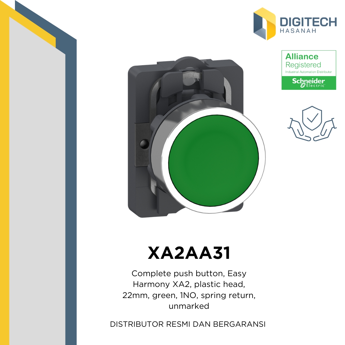 XA2AA31 Complete push button, Easy Harmony XA2, plastic head, 22mm, green, 1NO, spring return, unmarked