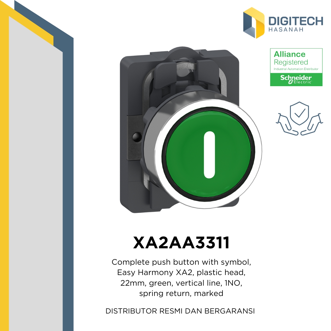 XA2AA3311 Complete push button with symbol, Easy Harmony XA2, plastic head, 22mm, green, vertical line, 1NO, spring return, marked (MOQ 10 pcs)