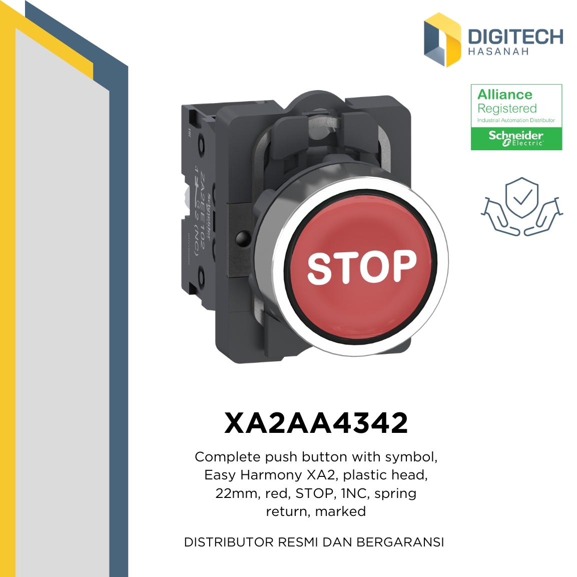 XA2AA4342 Complete push button with symbol, Easy Harmony XA2, plastic head, 22mm, red, STOP, 1NC, spring return, marked (MOQ 10 pcs)
