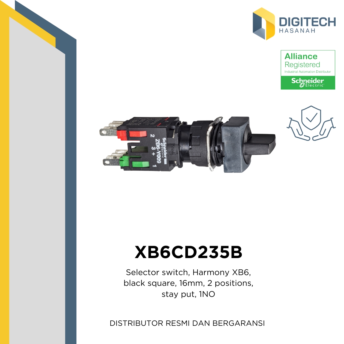 XB6CD235B Selector switch, Harmony XB6, black square, 16mm, 2 positions, stay put, 1NO