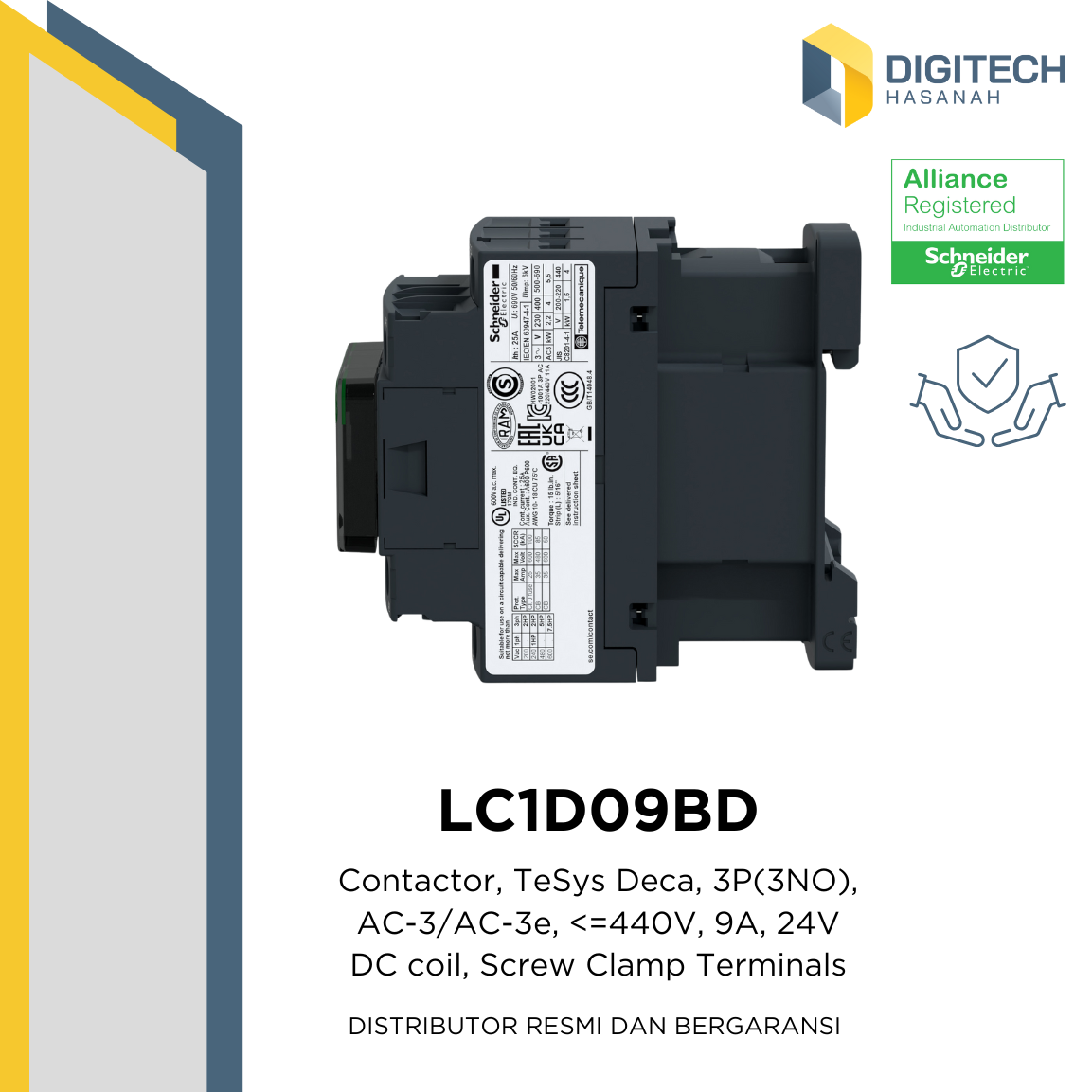 LC1D09BD Contactor, TeSys Deca, 3P(3NO), AC-3/AC-3e, 440V, 9A, 24V DC Coil, Screw Clamp Terminals