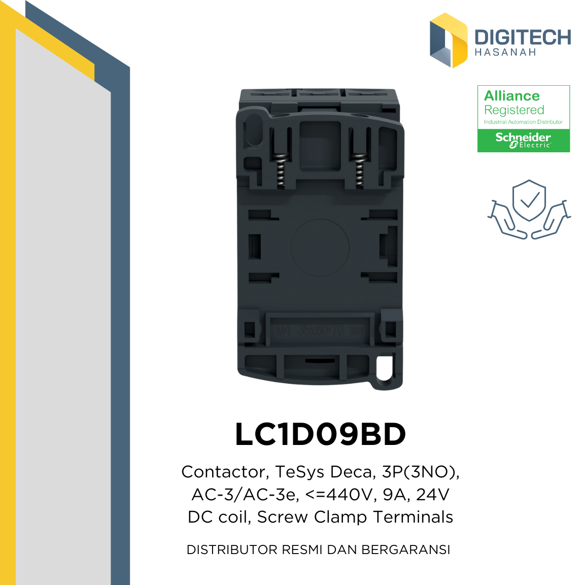 LC1D09BD Contactor, TeSys Deca, 3P(3NO), AC-3/AC-3e, 440V, 9A, 24V DC Coil, Screw Clamp Terminals