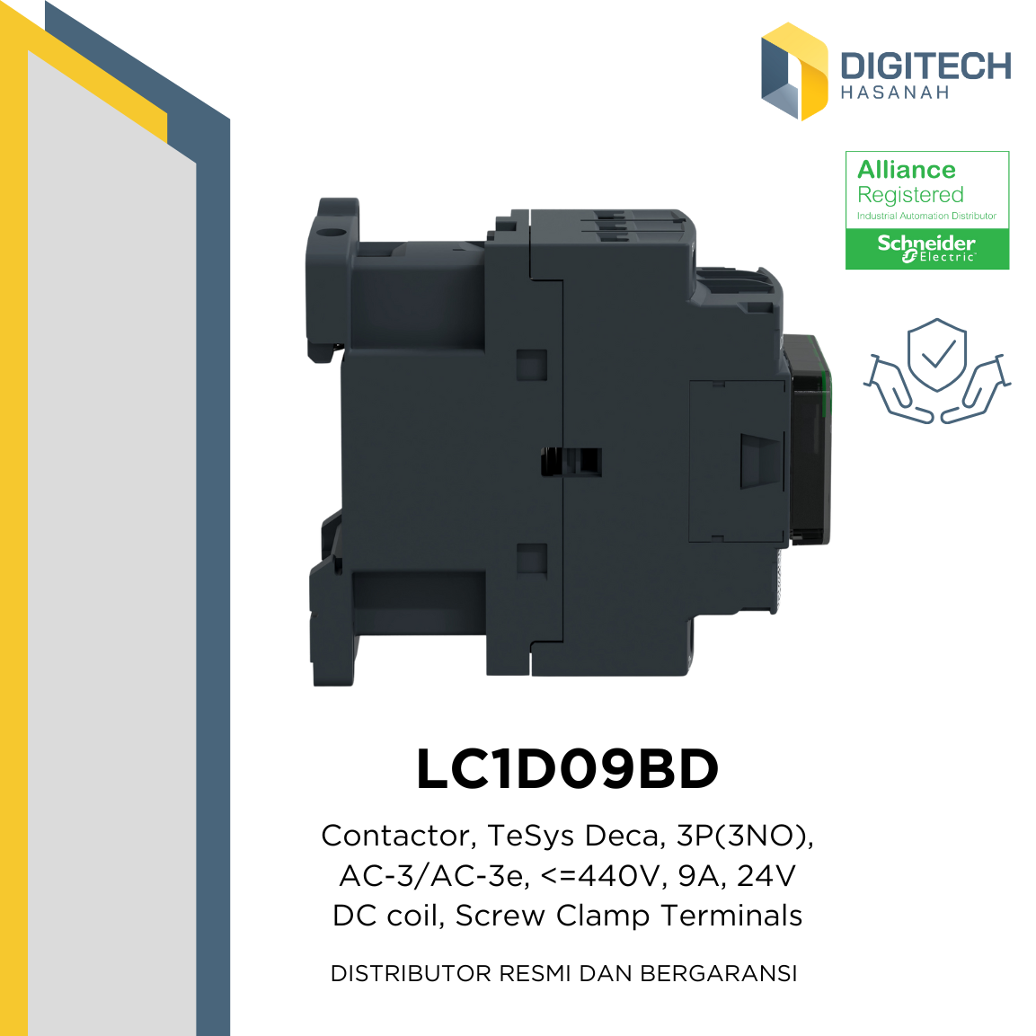 LC1D09BD Contactor, TeSys Deca, 3P(3NO), AC-3/AC-3e, 440V, 9A, 24V DC Coil, Screw Clamp Terminals