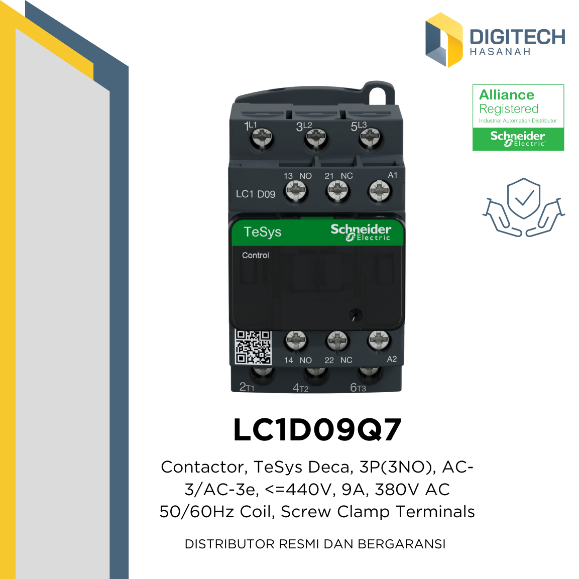 LC1D09Q7 Contactor, TeSys Deca, 3P(3NO), AC-3/AC-3e, 440V, 9A, 380V AC 50/60Hz Coil, Screw Clamp Terminals