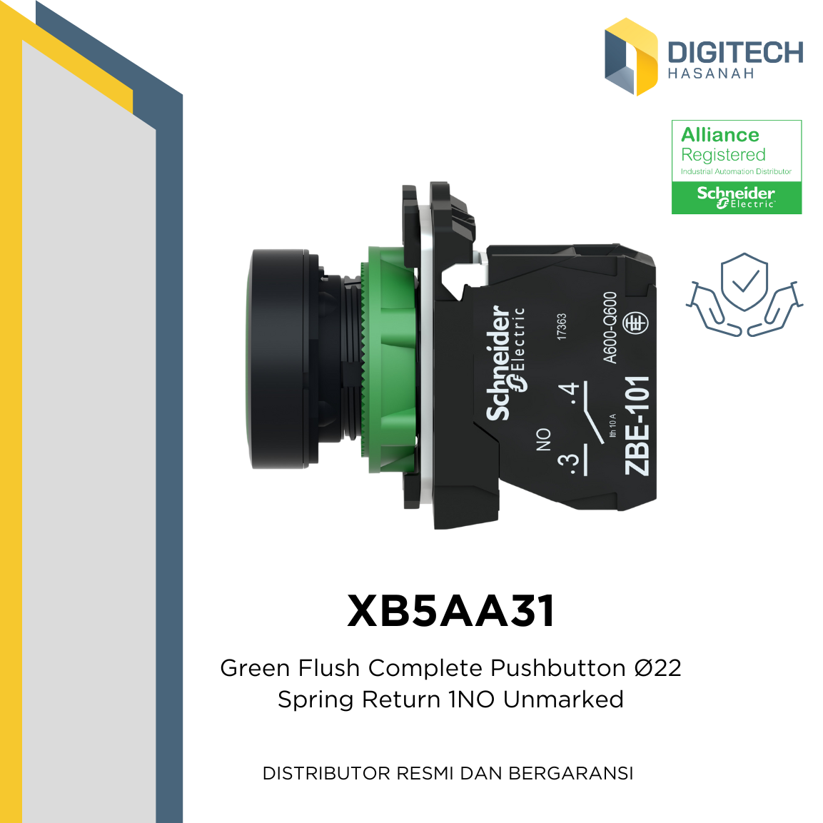 XB5AA31 Green Flush Complete Pushbutton oslash;22 Spring Return 1NO Unmarked